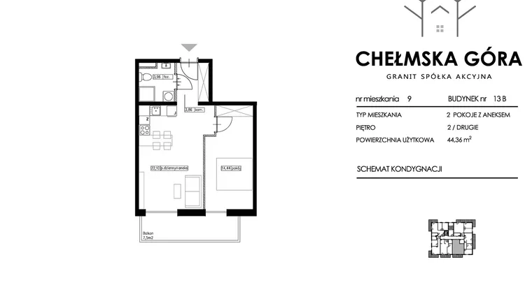 Rzut - Mieszkanie na sprzedaż 2 pokoje o powierzchni 44,36 m² - numer 13B-M9 w Chełmska Góra etap II