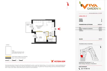 Rzut - Mieszkanie na sprzedaż 2 pokoje o powierzchni 34,36 m² - numer 21 w Viva Garden 14