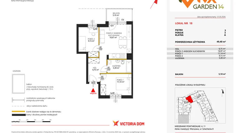 Rzut - Mieszkanie na sprzedaż 3 pokoje o powierzchni 49,4 m² - numer 18 w Viva Garden 14