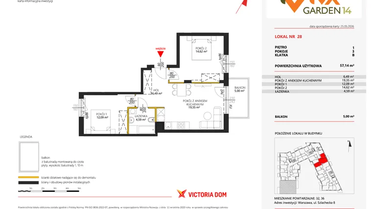 Rzut - Mieszkanie na sprzedaż 3 pokoje o powierzchni 57,14 m² - numer 28 w Viva Garden 14