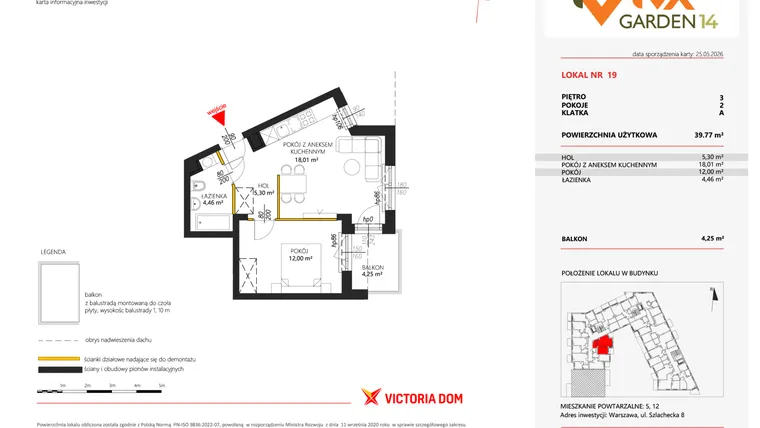 Rzut - Mieszkanie na sprzedaż 2 pokoje o powierzchni 39,77 m² - numer 19 w Viva Garden 14