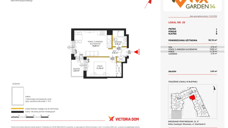 Rzut - Mieszkanie na sprzedaż 2 pokoje o powierzchni 36,16 m² - numer 29 w Viva Garden 14
