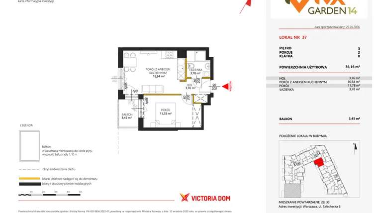 Rzut - Mieszkanie na sprzedaż 2 pokoje o powierzchni 36,16 m² - numer 37 w Viva Garden 14