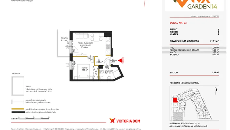 Rzut - Mieszkanie na sprzedaż 2 pokoje o powierzchni 31,51 m² - numer 23 w Viva Garden 14