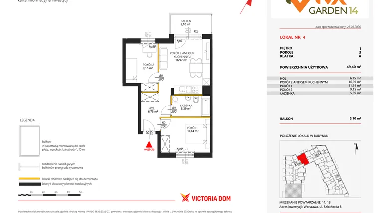 Rzut - Mieszkanie na sprzedaż 3 pokoje o powierzchni 49,4 m² - numer 4 w Viva Garden 14