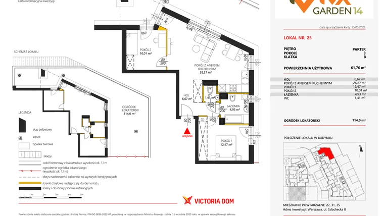 Rzut - Mieszkanie na sprzedaż 3 pokoje o powierzchni 61,76 m² - numer 25 w Viva Garden 14