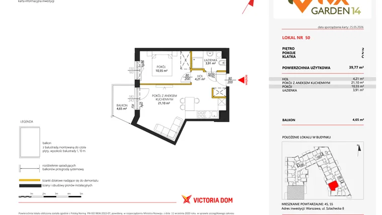 Rzut - Mieszkanie na sprzedaż 2 pokoje o powierzchni 39,77 m² - numer 50 w Viva Garden 14