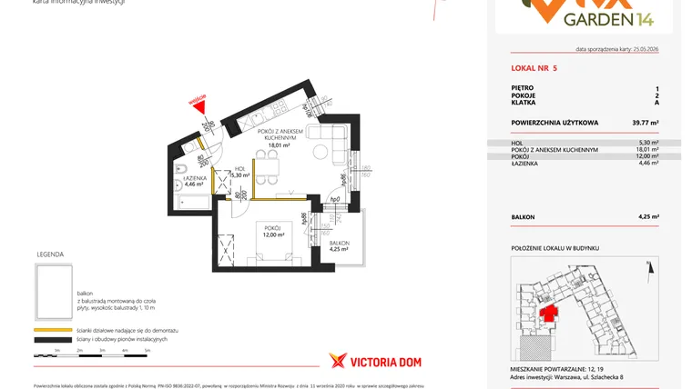 Rzut - Mieszkanie na sprzedaż 2 pokoje o powierzchni 39,77 m² - numer 5 w Viva Garden 14