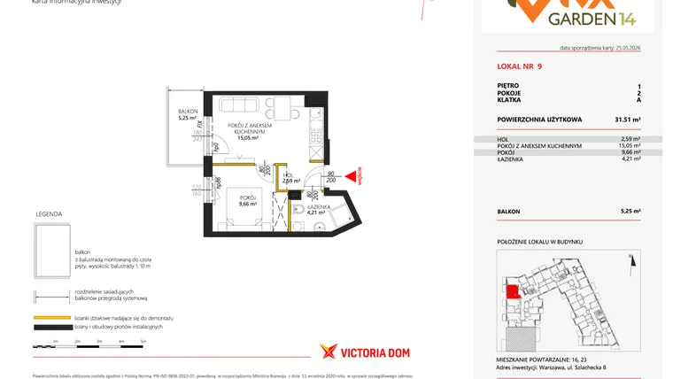 Rzut - Mieszkanie na sprzedaż 2 pokoje o powierzchni 31,51 m² - numer 9 w Viva Garden 14