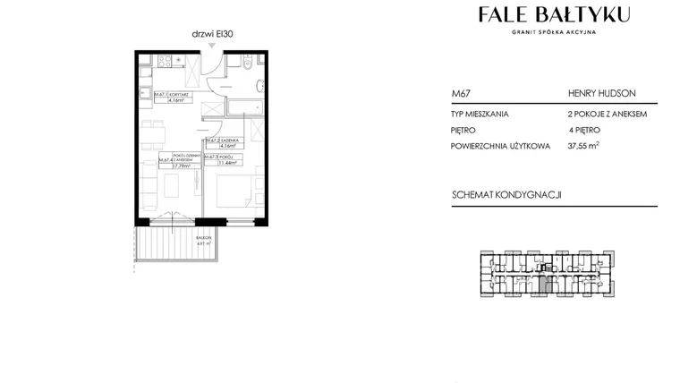 Rzut - Mieszkanie na sprzedaż 2 pokoje o powierzchni 37,55 m² - numer FBHH-M67 w Fale Bałtyku Hudson