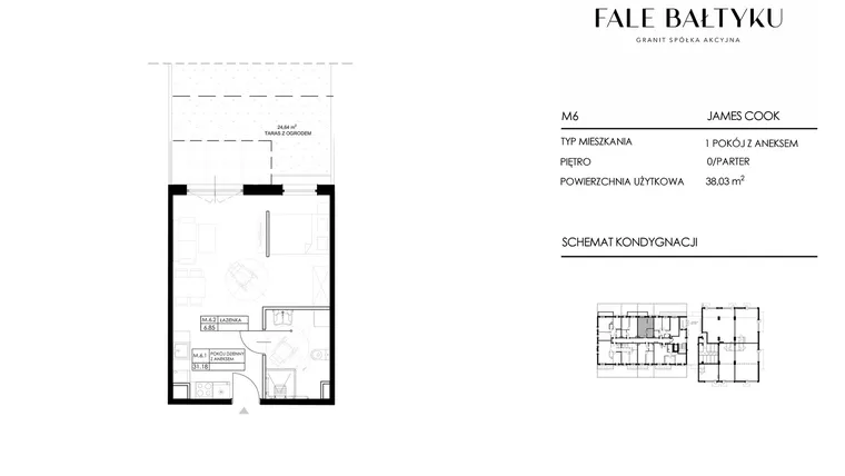Rzut - Mieszkanie na sprzedaż 1 pokój o powierzchni 38,03 m² - numer FBJC-M6 w Fale Bałtyku Cook