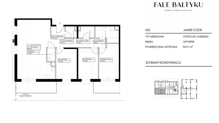 Rzut - Mieszkanie na sprzedaż 4 pokoje o powierzchni 96,91 m² - numer FBJC-M3 w Fale Bałtyku Cook