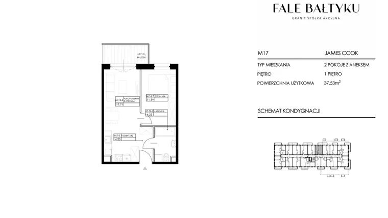 Rzut - Mieszkanie na sprzedaż 2 pokoje o powierzchni 37,53 m² - numer FBJC-M17 w Fale Bałtyku Cook