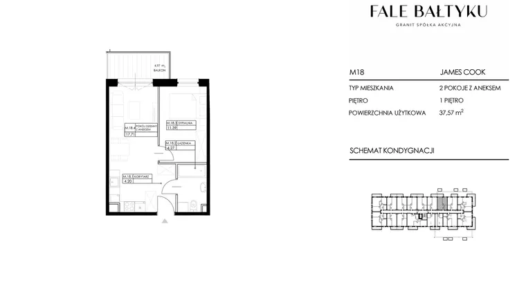 Rzut - Mieszkanie na sprzedaż 2 pokoje o powierzchni 37,57 m² - numer FBJC-M18 w Fale Bałtyku Cook