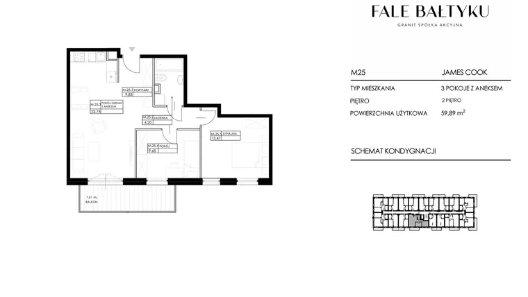Rzut - Mieszkanie na sprzedaż 3 pokoje o powierzchni 59,89 m² - numer FBJC-M25 w Fale Bałtyku Cook