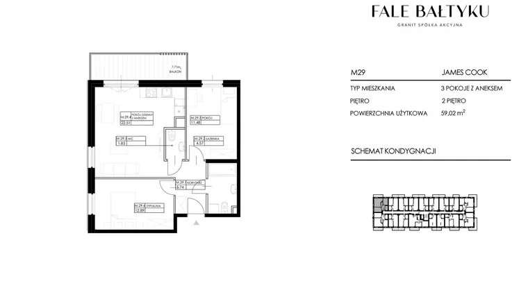 Rzut - Mieszkanie na sprzedaż 3 pokoje o powierzchni 59,02 m² - numer FBJC-M29 w Fale Bałtyku Cook