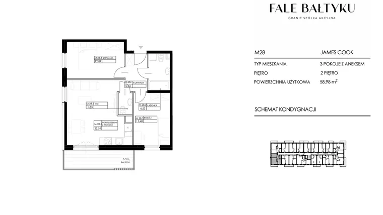 Rzut - Mieszkanie na sprzedaż 3 pokoje o powierzchni 58,98 m² - numer FBJC-M28 w Fale Bałtyku Cook