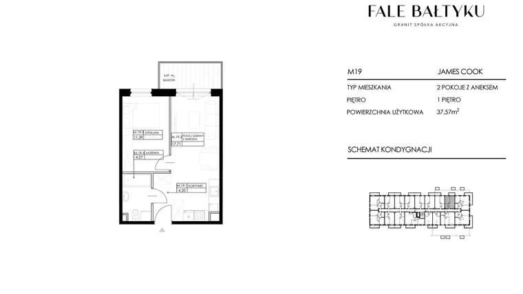 Rzut - Mieszkanie na sprzedaż 2 pokoje o powierzchni 37,57 m² - numer FBJC-M19 w Fale Bałtyku Cook