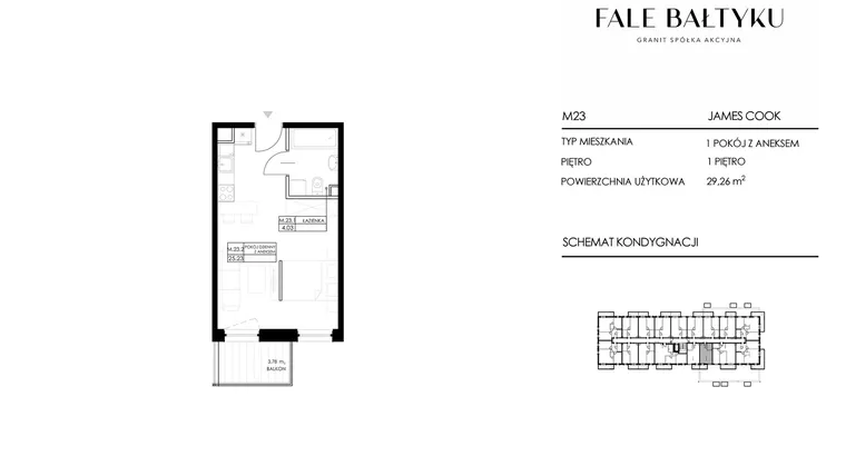 Rzut - Mieszkanie na sprzedaż 1 pokój o powierzchni 29,26 m² - numer FBJC-M23 w Fale Bałtyku Cook