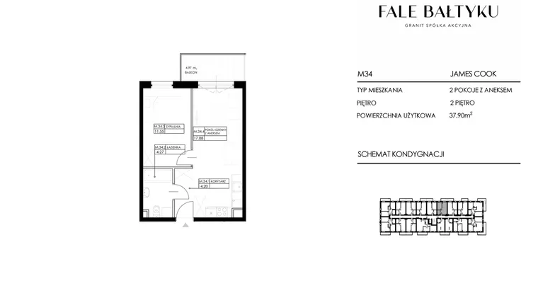 Rzut - Mieszkanie na sprzedaż 2 pokoje o powierzchni 37,9 m² - numer FBJC-M34 w Fale Bałtyku Cook