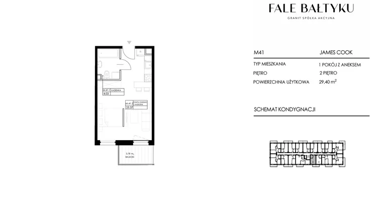 Rzut - Mieszkanie na sprzedaż 1 pokój o powierzchni 29,4 m² - numer FBJC-M41 w Fale Bałtyku Cook