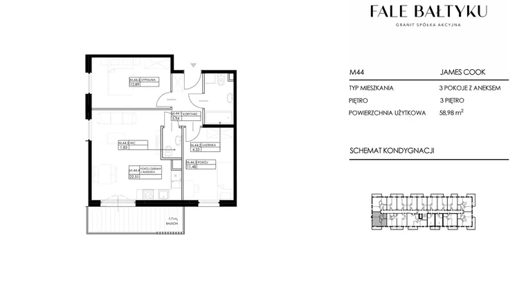 Rzut - Mieszkanie na sprzedaż 3 pokoje o powierzchni 58,98 m² - numer FBJC-M44 w Fale Bałtyku Cook