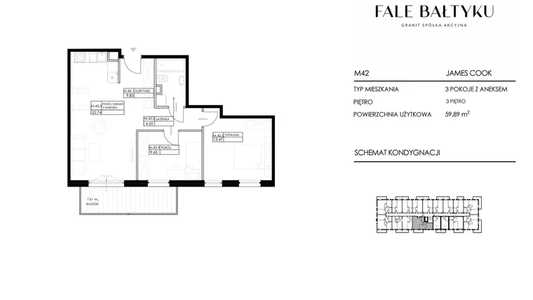 Rzut - Mieszkanie na sprzedaż 3 pokoje o powierzchni 59,89 m² - numer FBJC-M42 w Fale Bałtyku Cook