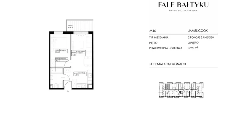 Rzut - Mieszkanie na sprzedaż 2 pokoje o powierzchni 37,9 m² - numer FBJC-M46 w Fale Bałtyku Cook