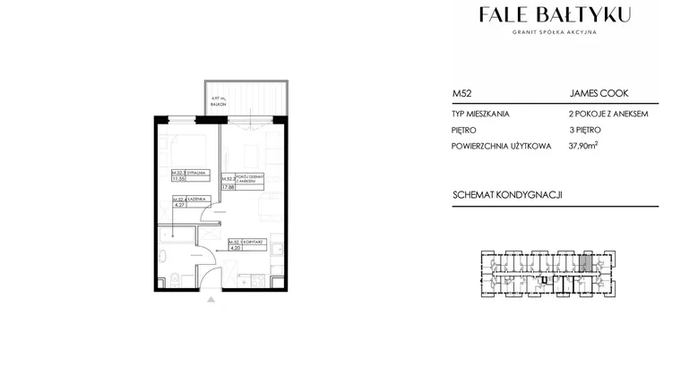 Rzut - Mieszkanie na sprzedaż 2 pokoje o powierzchni 37,9 m² - numer FBJC-M52 w Fale Bałtyku Cook