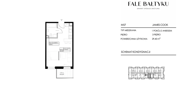 Rzut - Mieszkanie na sprzedaż 1 pokój o powierzchni 29,4 m² - numer FBJC-M57 w Fale Bałtyku Cook