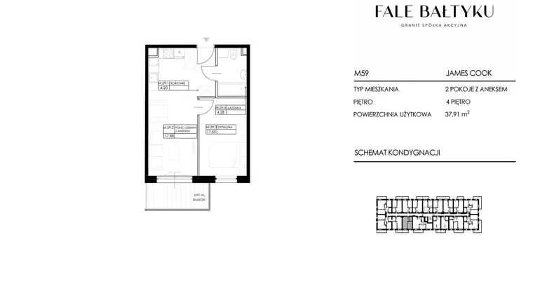 Rzut - Mieszkanie na sprzedaż 2 pokoje o powierzchni 37,91 m² - numer FBJC-M59 w Fale Bałtyku Cook