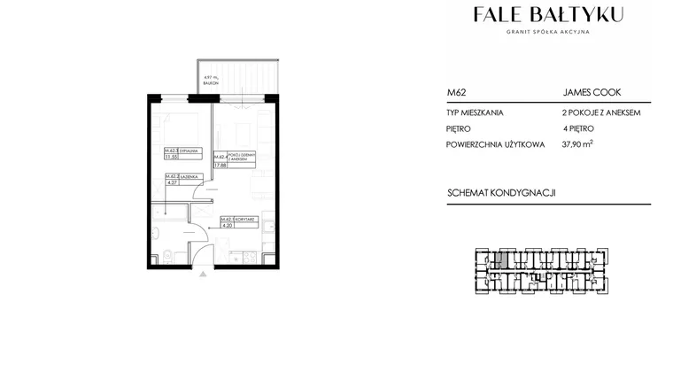 Rzut - Mieszkanie na sprzedaż 2 pokoje o powierzchni 37,9 m² - numer FBJC-M62 w Fale Bałtyku Cook