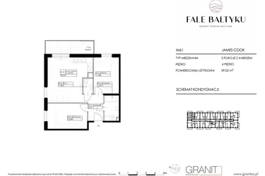 Rzut - Mieszkanie na sprzedaż 3 pokoje o powierzchni 59,02 m² - numer FBJC-M61 w Fale Bałtyku Cook