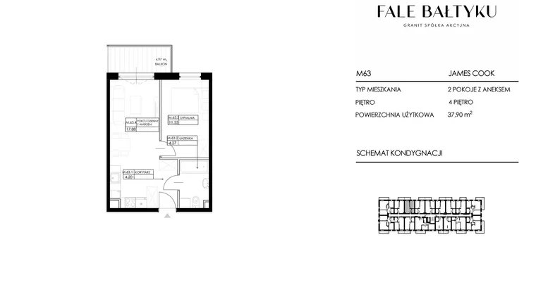 Rzut - Mieszkanie na sprzedaż 2 pokoje o powierzchni 37,9 m² - numer FBJC-M63 w Fale Bałtyku Cook
