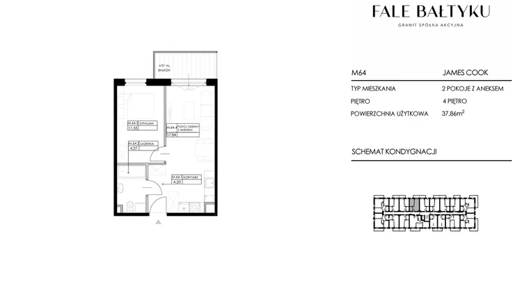 Rzut - Mieszkanie na sprzedaż 2 pokoje o powierzchni 37,86 m² - numer FBJC-M64 w Fale Bałtyku Cook