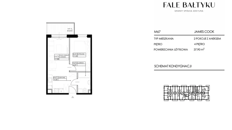 Rzut - Mieszkanie na sprzedaż 2 pokoje o powierzchni 37,9 m² - numer FBJC-M67 w Fale Bałtyku Cook