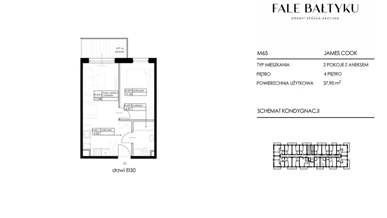 Rzut - Mieszkanie na sprzedaż 2 pokoje o powierzchni 37,9 m² - numer FBJC-M65 w Fale Bałtyku Cook