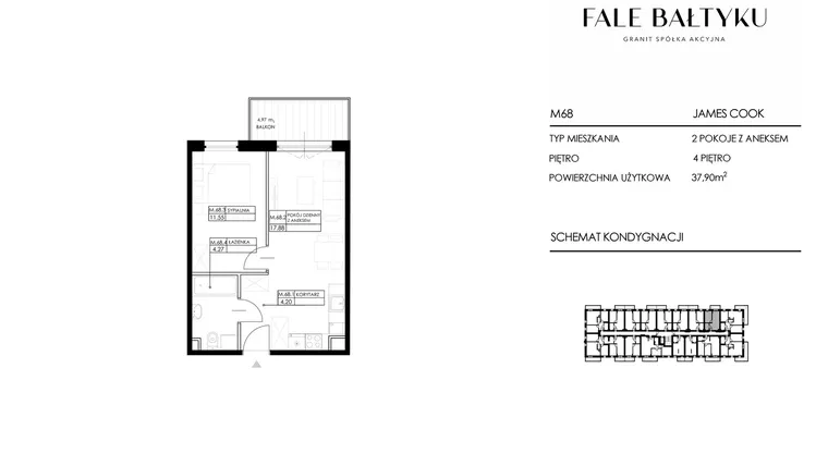 Rzut - Mieszkanie na sprzedaż 2 pokoje o powierzchni 37,9 m² - numer FBJC-M68 w Fale Bałtyku Cook