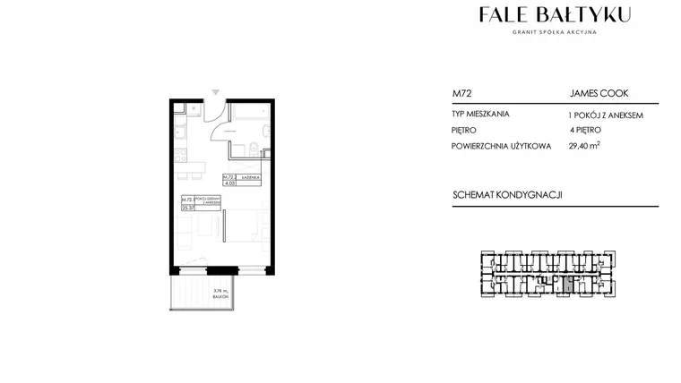 Rzut - Mieszkanie na sprzedaż 1 pokój o powierzchni 29,4 m² - numer FBJC-M72 w Fale Bałtyku Cook