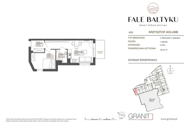 Rzut - Mieszkanie na sprzedaż 2 pokoje o powierzchni 38,34 m² - numer FB-020-A20 w Fale Bałtyku Kolumb AB