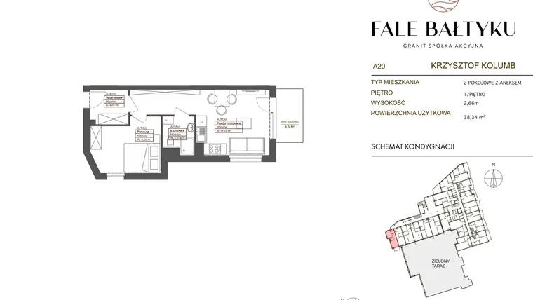 Rzut - Mieszkanie na sprzedaż 2 pokoje o powierzchni 38,34 m² - numer FB-020-A20 w Fale Bałtyku Kolumb AB