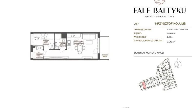 Rzut - Mieszkanie na sprzedaż 2 pokoje o powierzchni 37,43 m² - numer FB-057-A57 w Fale Bałtyku Kolumb AB