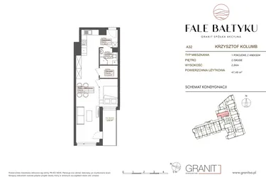 Rzut - Mieszkanie na sprzedaż 1 pokój o powierzchni 47,49 m² - numer FB-032-A32 w Fale Bałtyku Kolumb AB