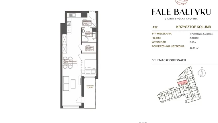 Rzut - Mieszkanie na sprzedaż 1 pokój o powierzchni 47,49 m² - numer FB-032-A32 w Fale Bałtyku Kolumb AB