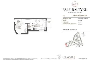 Rzut - Mieszkanie na sprzedaż 2 pokoje o powierzchni 38,29 m² - numer FB-039-A39 w Fale Bałtyku Kolumb AB