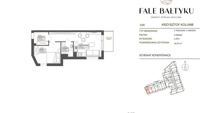 Rzut - Mieszkanie na sprzedaż 2 pokoje o powierzchni 38,29 m² - numer FB-039-A39 w Fale Bałtyku Kolumb AB