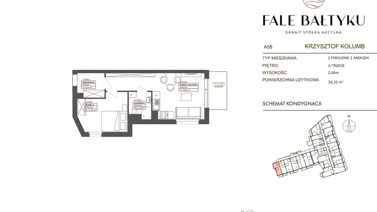 Rzut - Mieszkanie na sprzedaż 2 pokoje o powierzchni 38,35 m² - numer FB-058-A58 w Fale Bałtyku Kolumb AB
