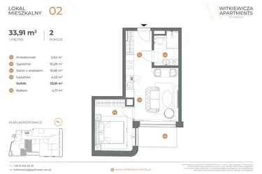 Rzut - Mieszkanie na sprzedaż 2 pokoje o powierzchni 33,91 m² - numer 2 w Witkiewicza Apartments