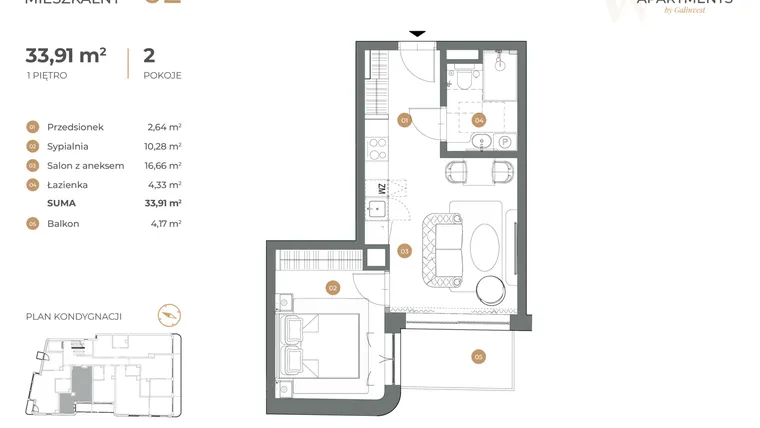 Rzut - Mieszkanie na sprzedaż 2 pokoje o powierzchni 33,91 m² - numer 2 w Witkiewicza Apartments