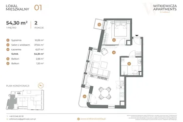 Rzut - Mieszkanie na sprzedaż 2 pokoje o powierzchni 54,3 m² - numer 1 w Witkiewicza Apartments